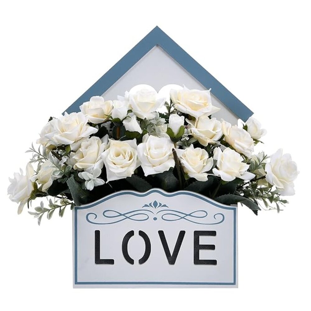 White Roses Artificial Flowers with LED Lights | Hanging Wooden Box Floral Decor - Picture 1 of 2